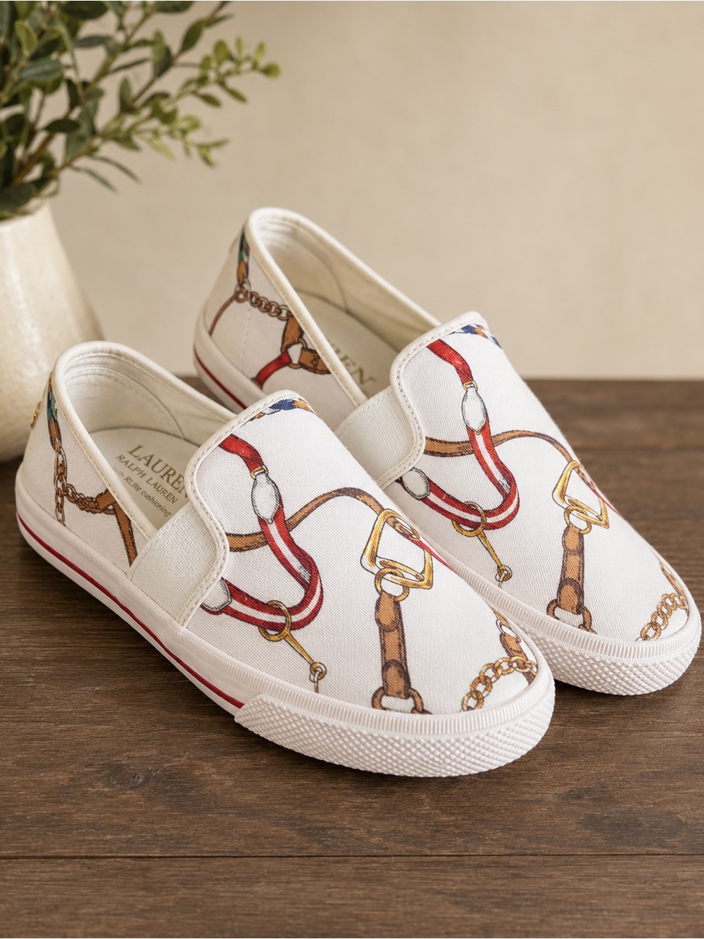 Lauren Ralph Lauren JINNY Print Slip On Sneaker White Horsebit Chain Canvas 6B